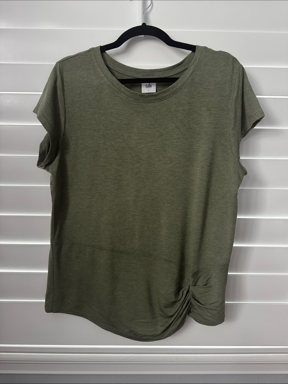 CAbi #8015 Tee Olive Green Large Short Sleeve with Side Ruched Detail